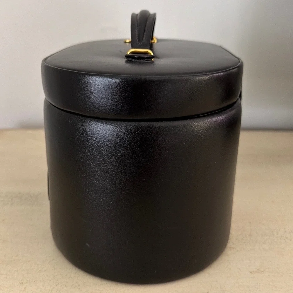 Wolf Designs Black Genuine Leather Oval Jewelry Box with Drawers & Travel Case